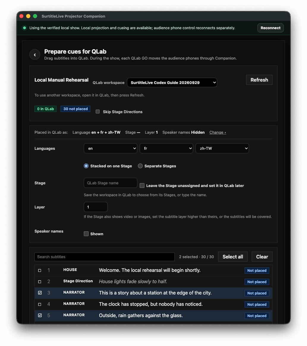 QLabへのドラッグ用に字幕を選択した、Pockitle Cue for MacのQLab準備リスト