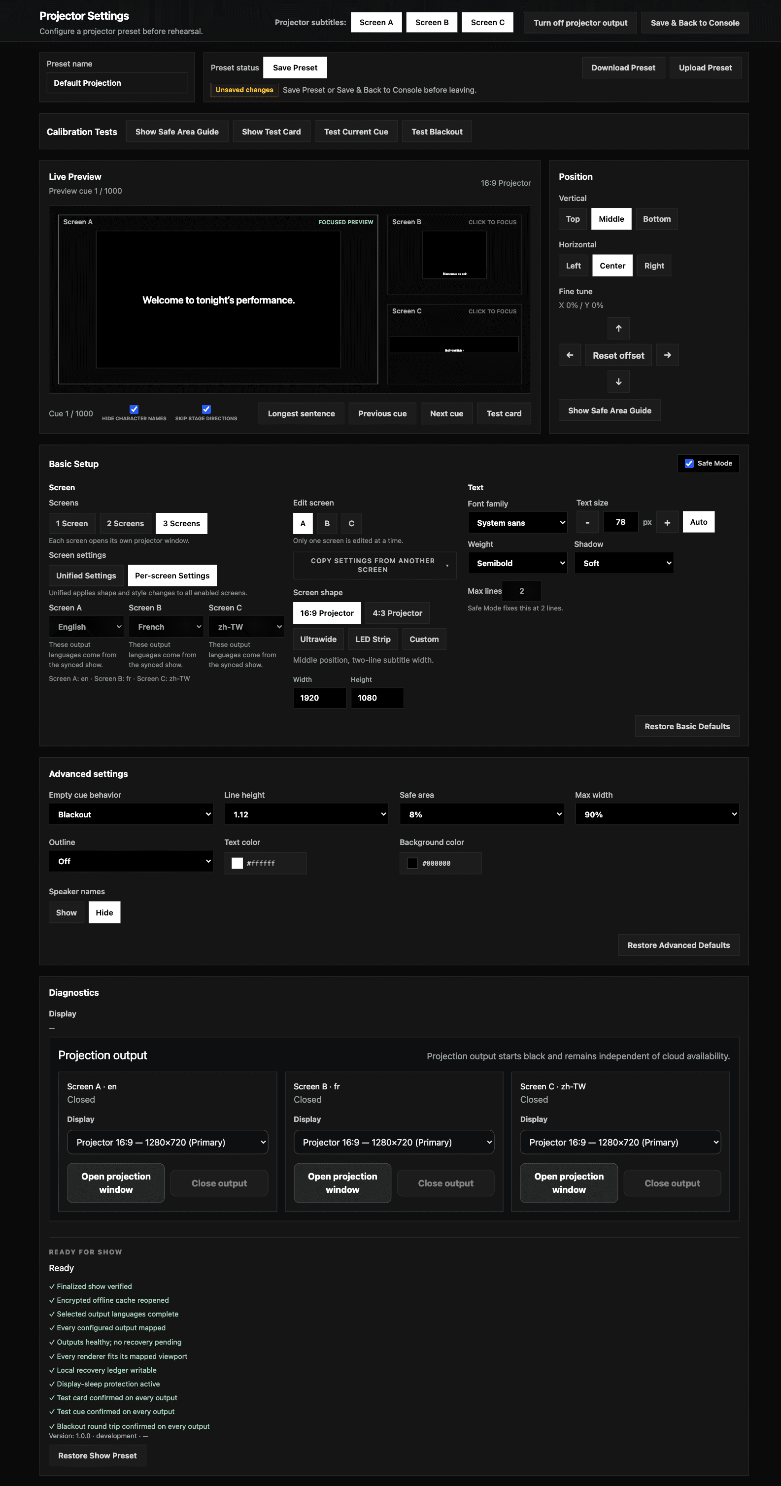 ディスプレイ、フォント、位置のコントロールを表示したPockitle Cue for Macの投影のセットアップ