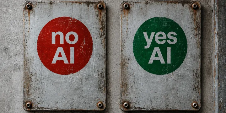 Weathered signs presenting the choice to disable or enable AI