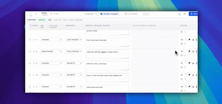 Screen recording of the SurtitleLive Editor showing cue rows for the Macbeth knocking scene