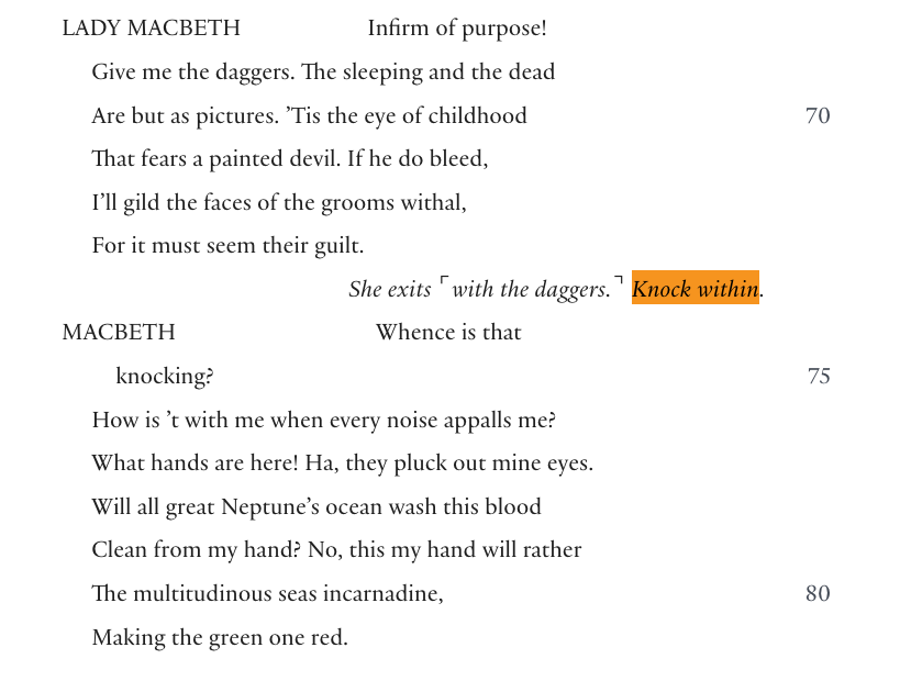 Macbeth metninden, “Knock within.” sahne yönergesi ile Macbeth’in “Whence is that knocking?” sözlerini gösteren kesit