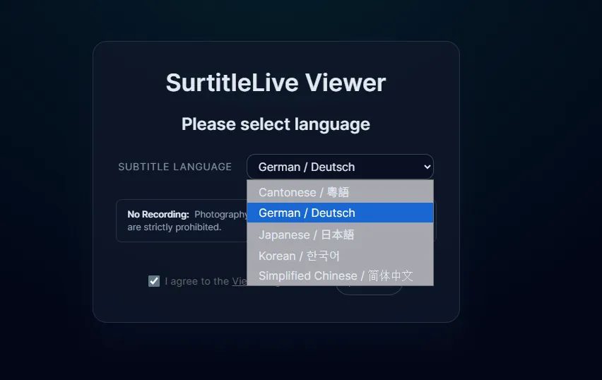 SurtitleLive viewer language selector showing multiple prepared language choices