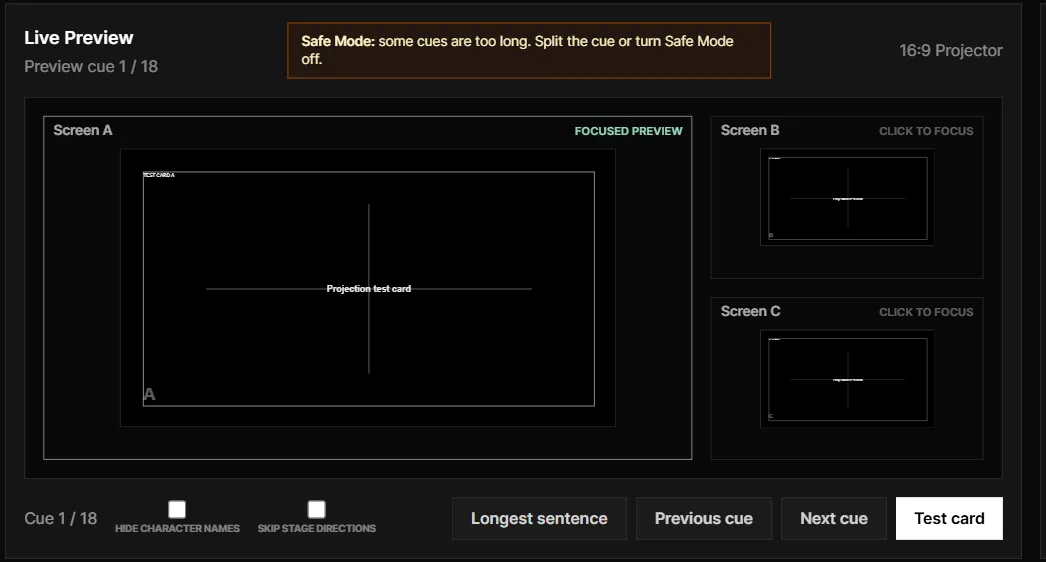SurtitleLive Projection Mode showing surtitles prepared for a theatre screen