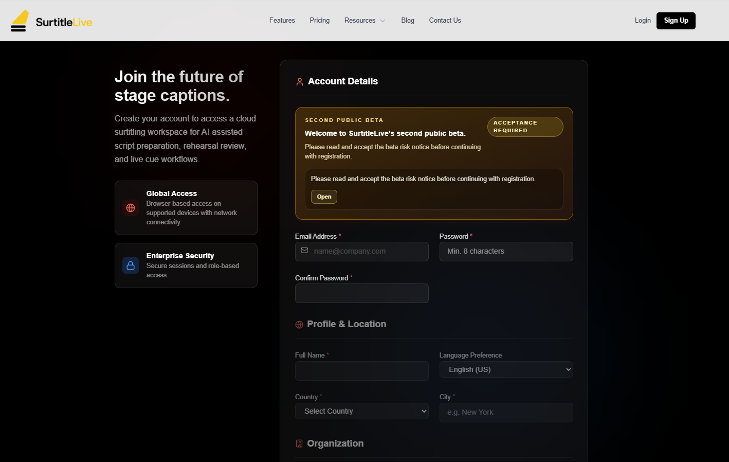 Registration page with the account, profile, and organization form