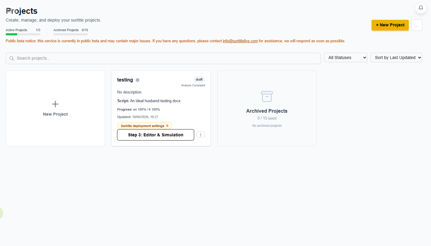 Projects Dashboard with the New Project card and several project cards