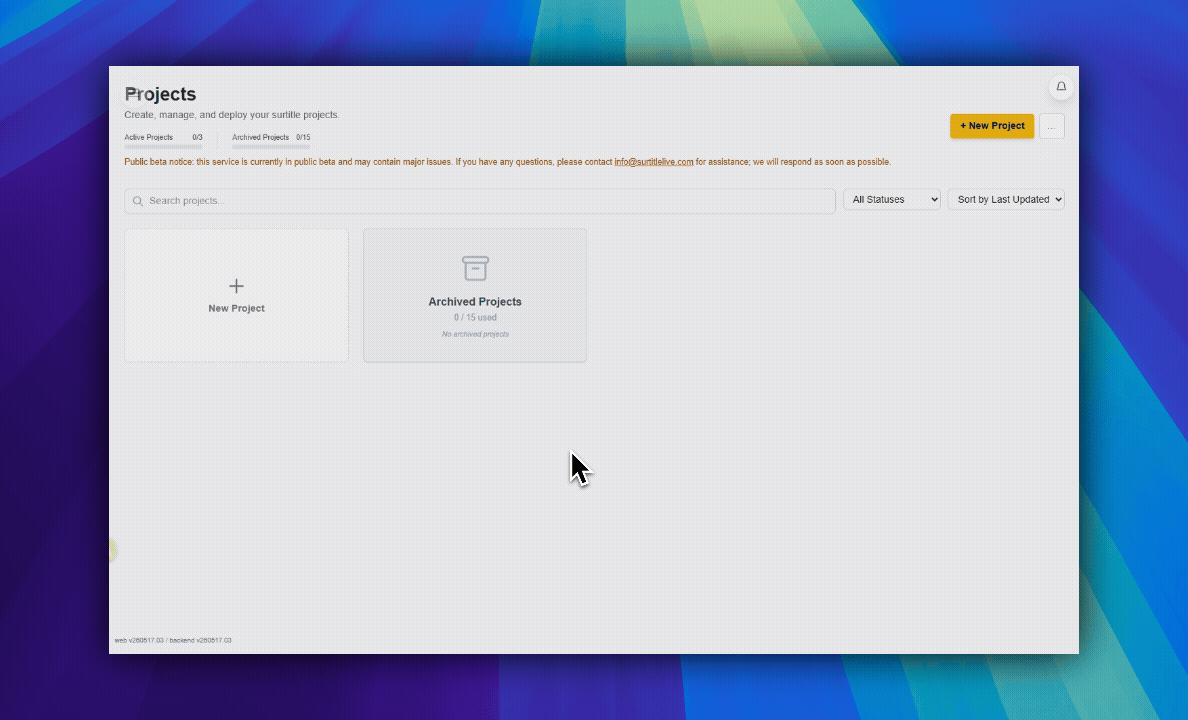 Create Project dialog with name, description, and status fields