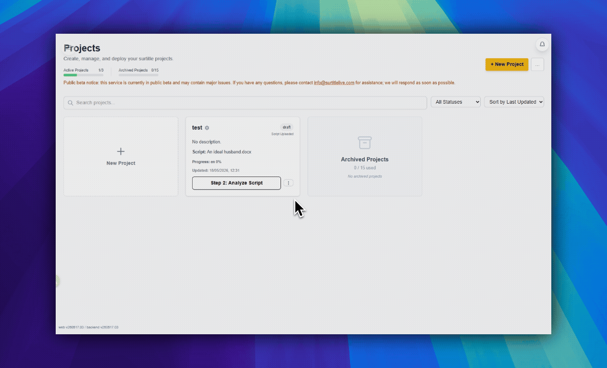 Quick actions menu with Reupload, Analyze, Editor, archive, delete, and deployment settings
