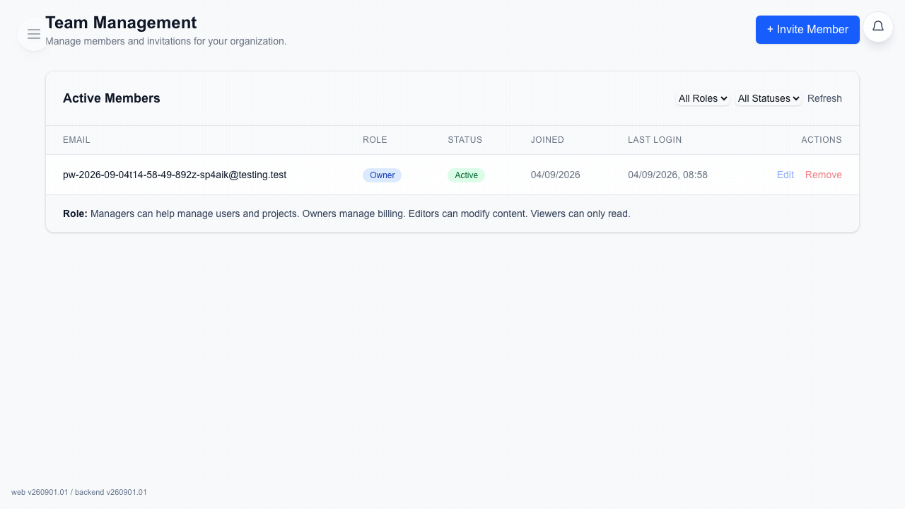 Team Management page with the + Invite Member button and invite dialog