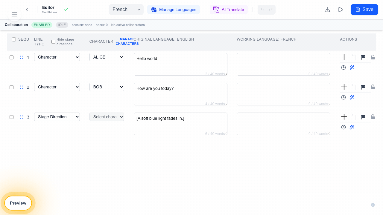 Editor toolbar with Language, Manage Languages, AI Translate, and Open Simulation