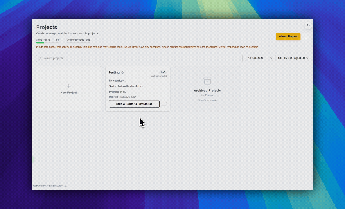 Project page with the Editor and Simulation entry