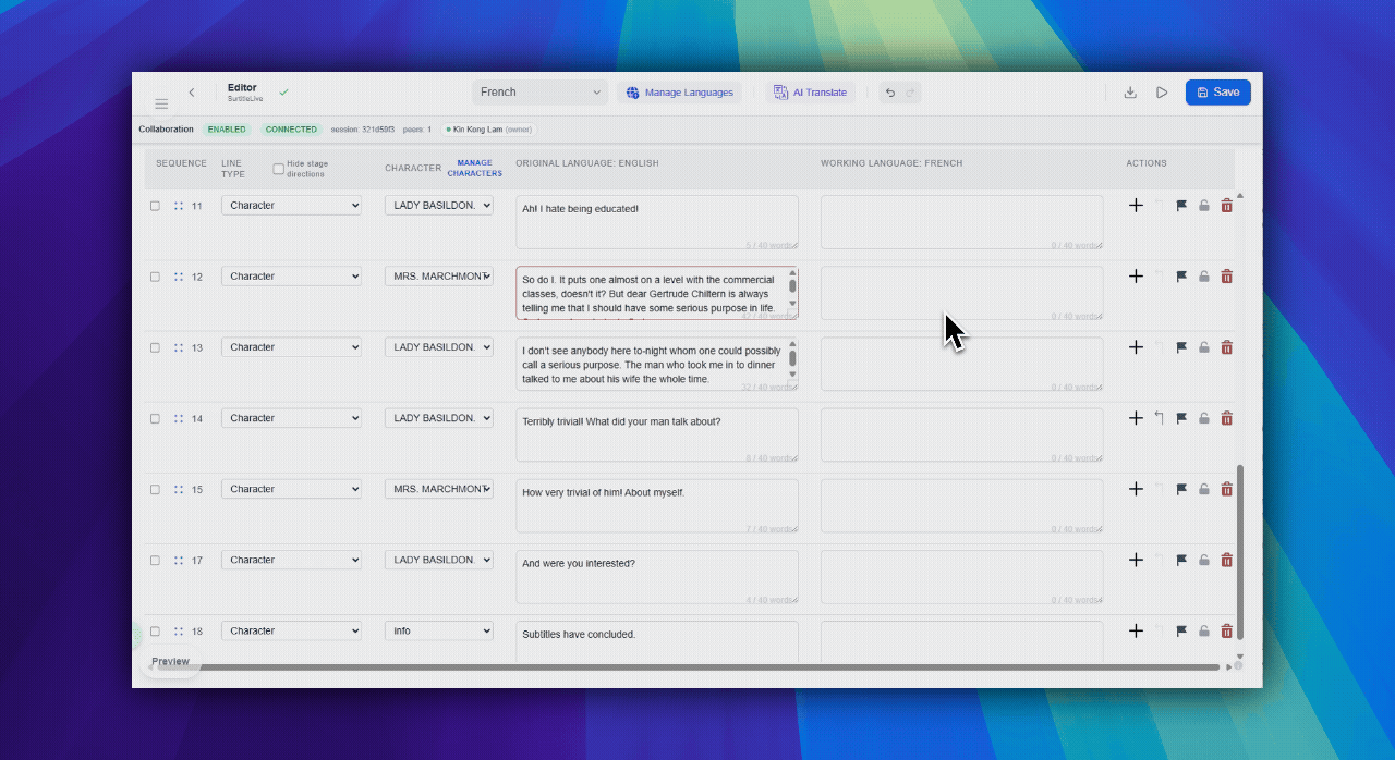 AI Translate modal opened from the toolbar