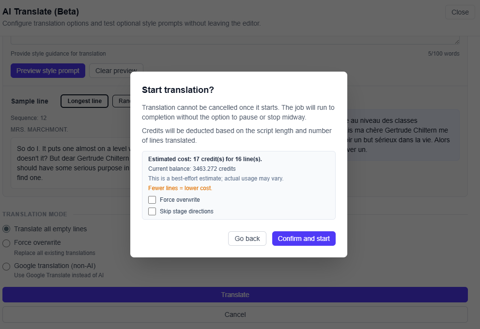 Translation confirmation dialog with estimate and Confirm and start