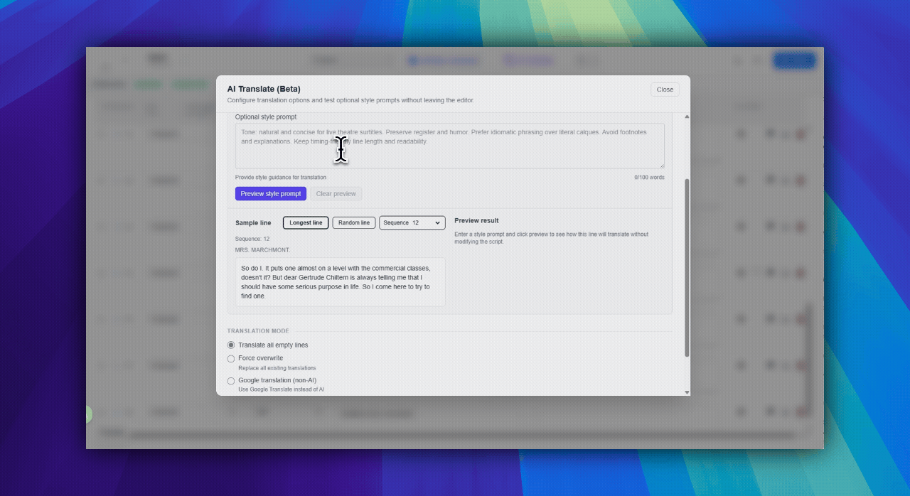AI Translate modal sample line area with Longest line, Random line, and Preview style prompt