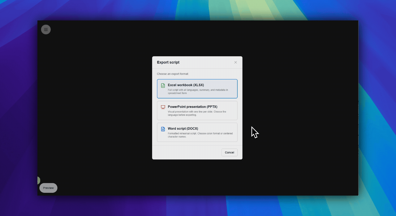PPTX export options for one language, skip stage directions, and show role name