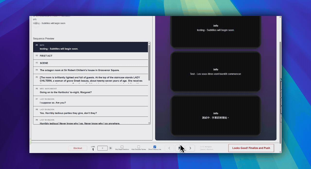 Bottom bar with Blackout, line jump, preview toggles, previous, flag, next, and finalize