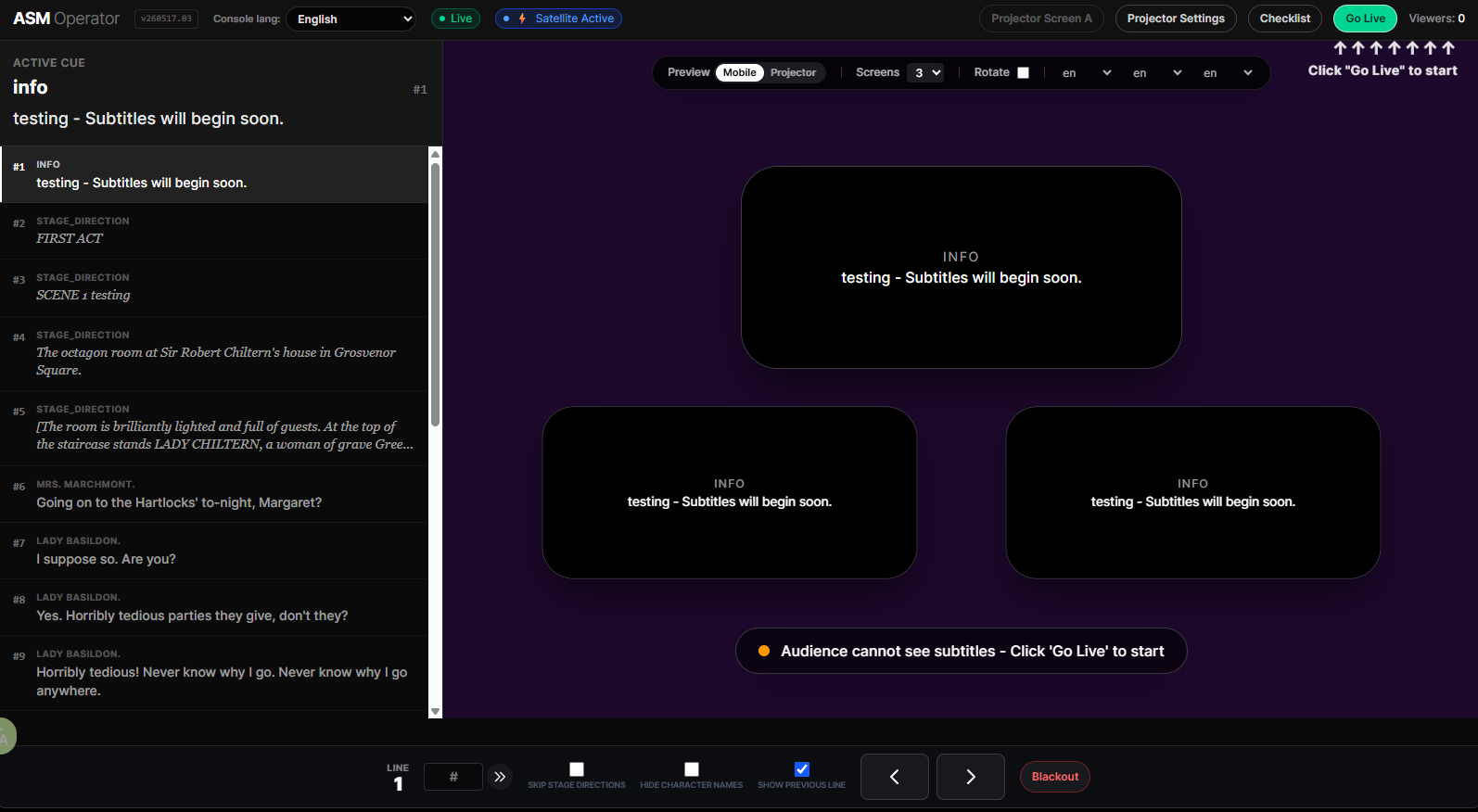 ASM Console with live state, viewer count, active cue preview, and bottom control bar