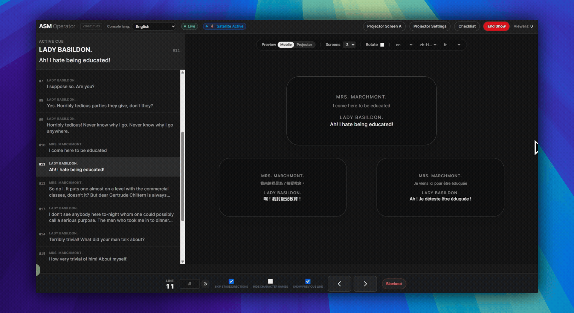 One ASM cue state feeding both projection and audience mobile outputs