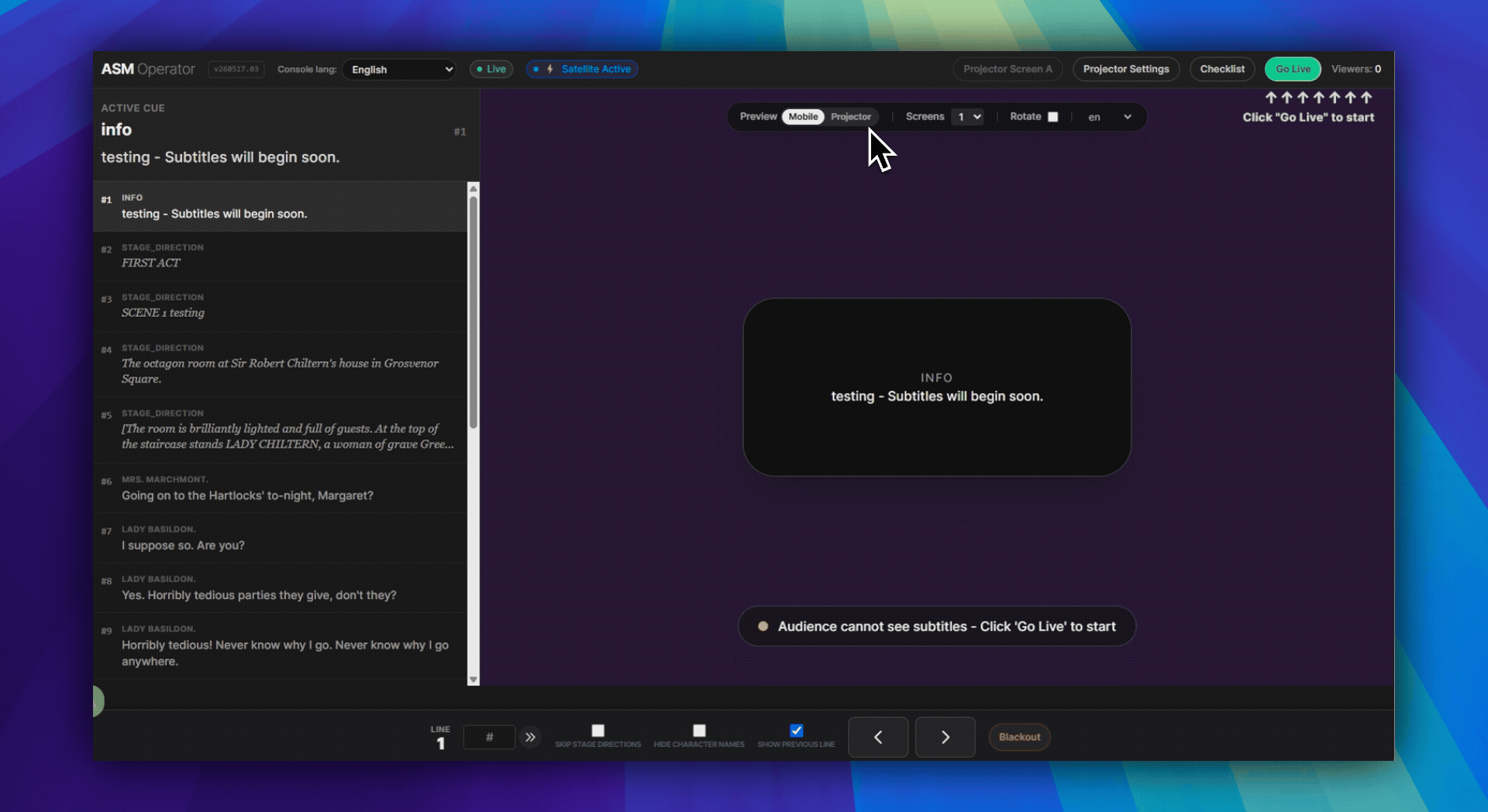 ASM header with Projector Settings beside Projector Screen A and Go Live