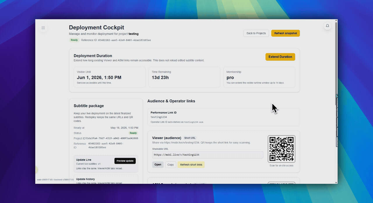 Deployment Cockpit audience link section with viewer link, copy, open, and QR code