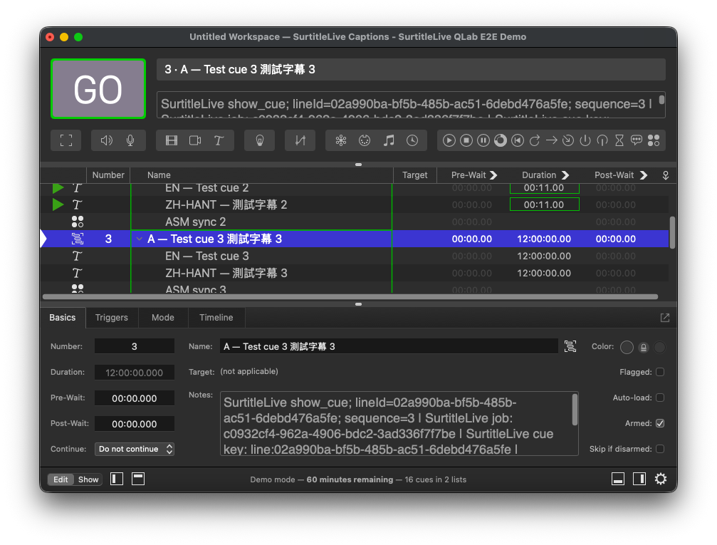 QLab workspace showing a SurtitleLive subtitle Group with English and translated Text children plus an ASM sync child.