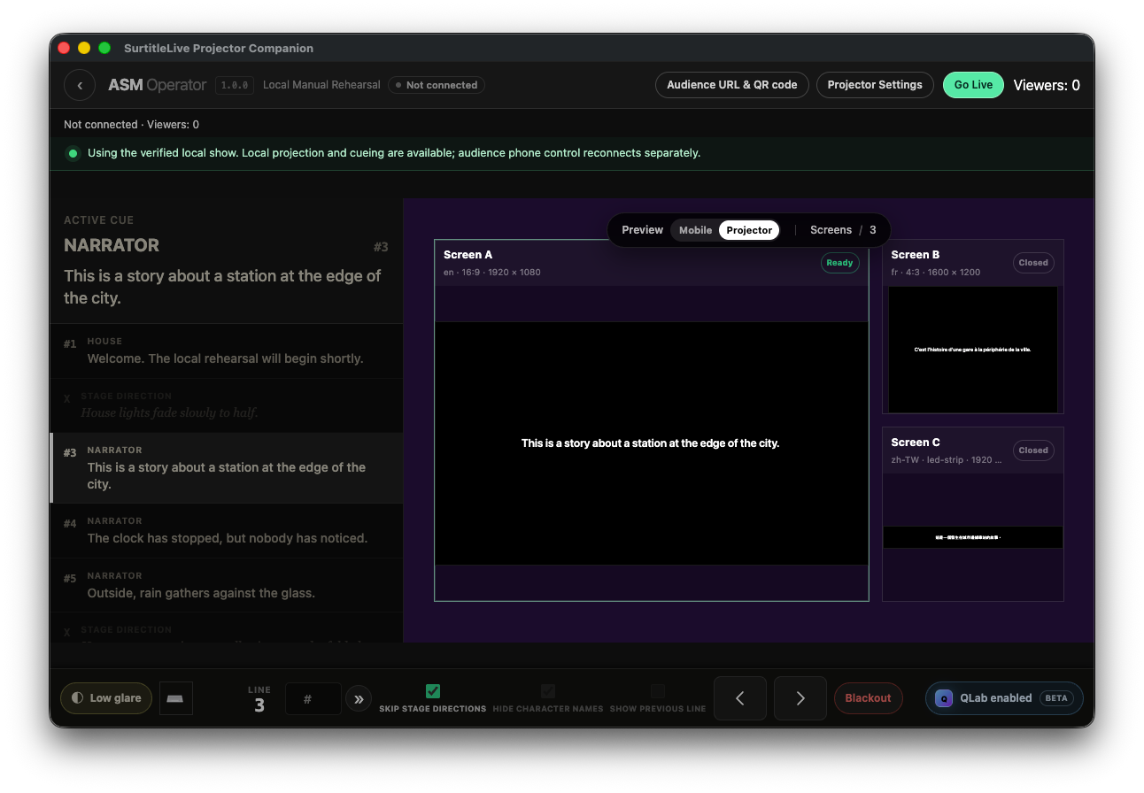 로컬 테스트 공연의 Pockitle Cue for Mac Live Console. 출력 A는 Ready이고 B와 C는 닫혀 있으며 휴대폰은 연결되지 않았습니다.