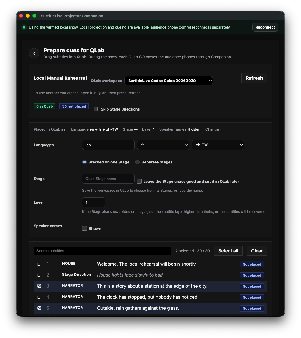 Prepare cues for QLab con un espacio de prueba, idiomas de subtítulos y dos señales seleccionadas.