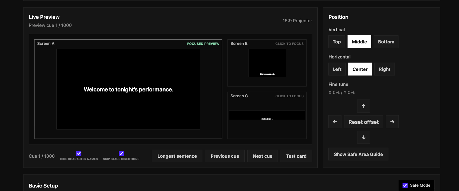 Live Preview di A, B e C con navigazione cue, test card, posizione verticale Middle, posizione orizzontale, regolazione fine e guida Safe Area.