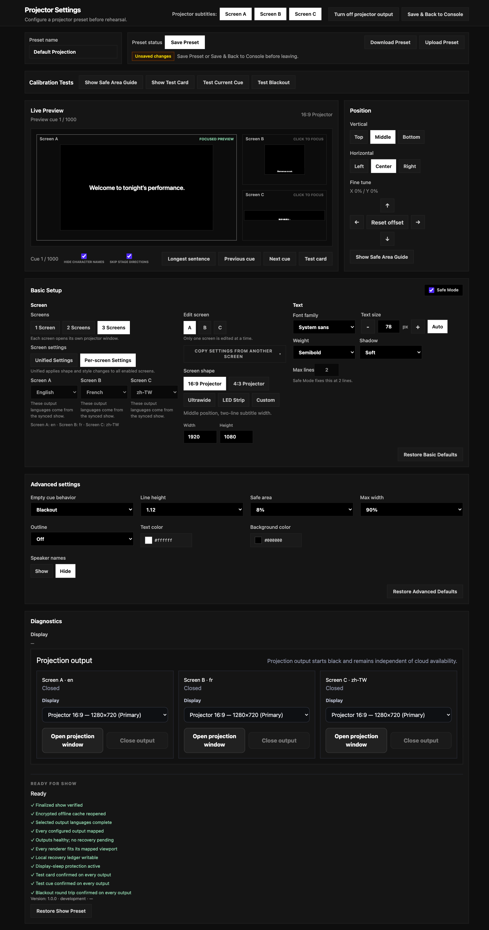 Vista completa di Projector Settings con schermi, Preview e posizione, controlli di base e avanzati, associazione display e diagnostica.